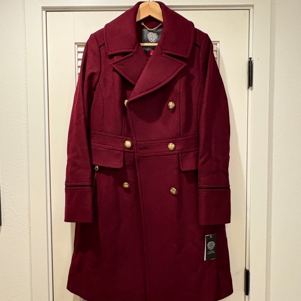 Vince Camuto NWT Burgundy Wool Blend Longline Pea Coat Gold Accents - Size M